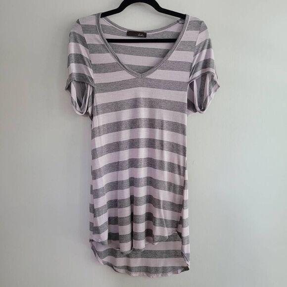 Lush grey & lilac striped tunic top cap sleeve lagom lagenlook comfort - Picture 1 of 10